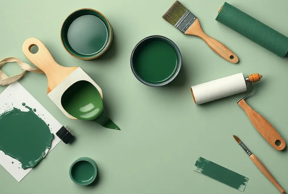 Pots de peinture, nuancier, brosses et rouleaux disposés à plat