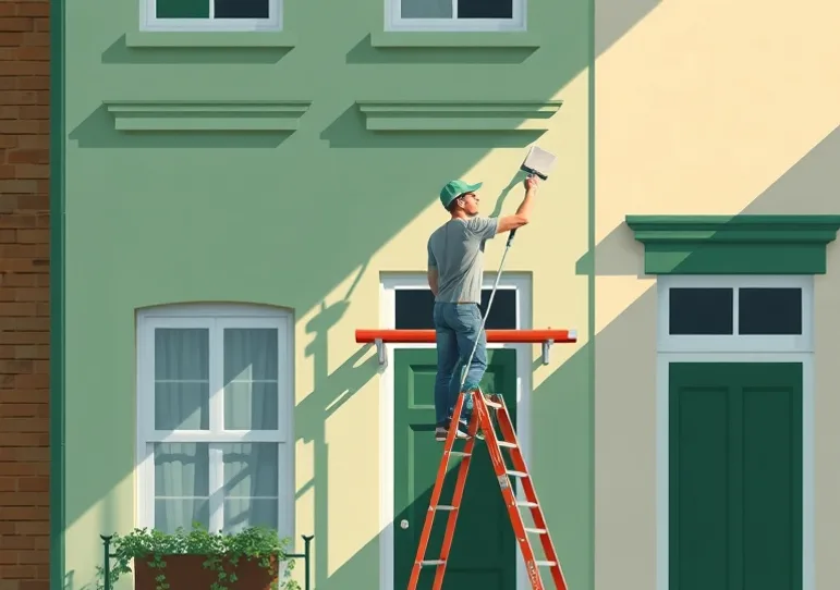 Peintre sur échafaudage traitant la façade d'une maison