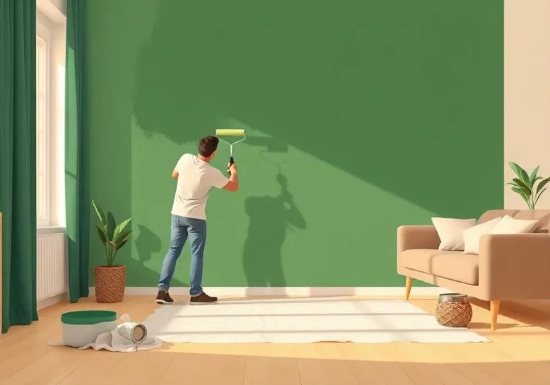 Peintre appliquant la peinture au rouleau sur un mur de salon